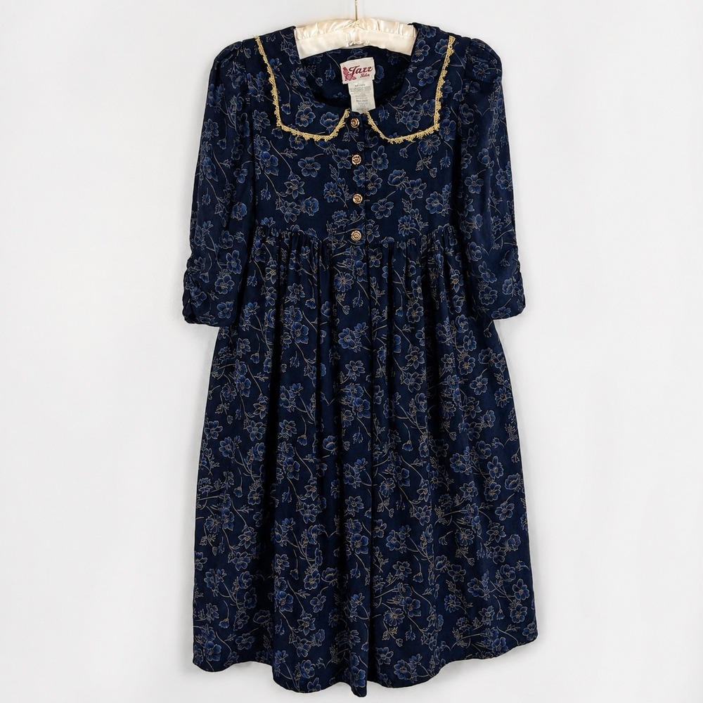 Vtg 90s Jazz Girls Prairie‎ Dress 10 Navy Gold Floral Peter Pan Collar Cottage